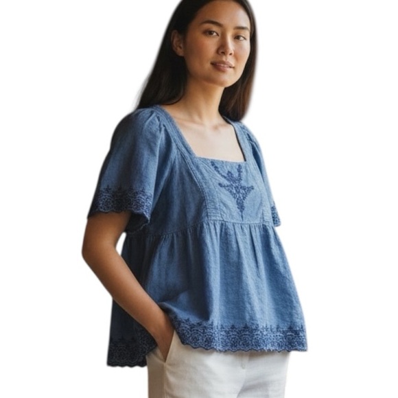 Old Navy Tops - NWOT Old Navy Square Neck Bell Sleeve Smocked Back Embroidered Chambray Top XS